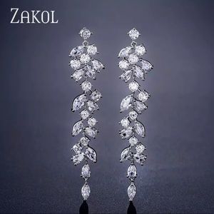 Cubic Zirconia Crystal Long Drop Leaf Earrings